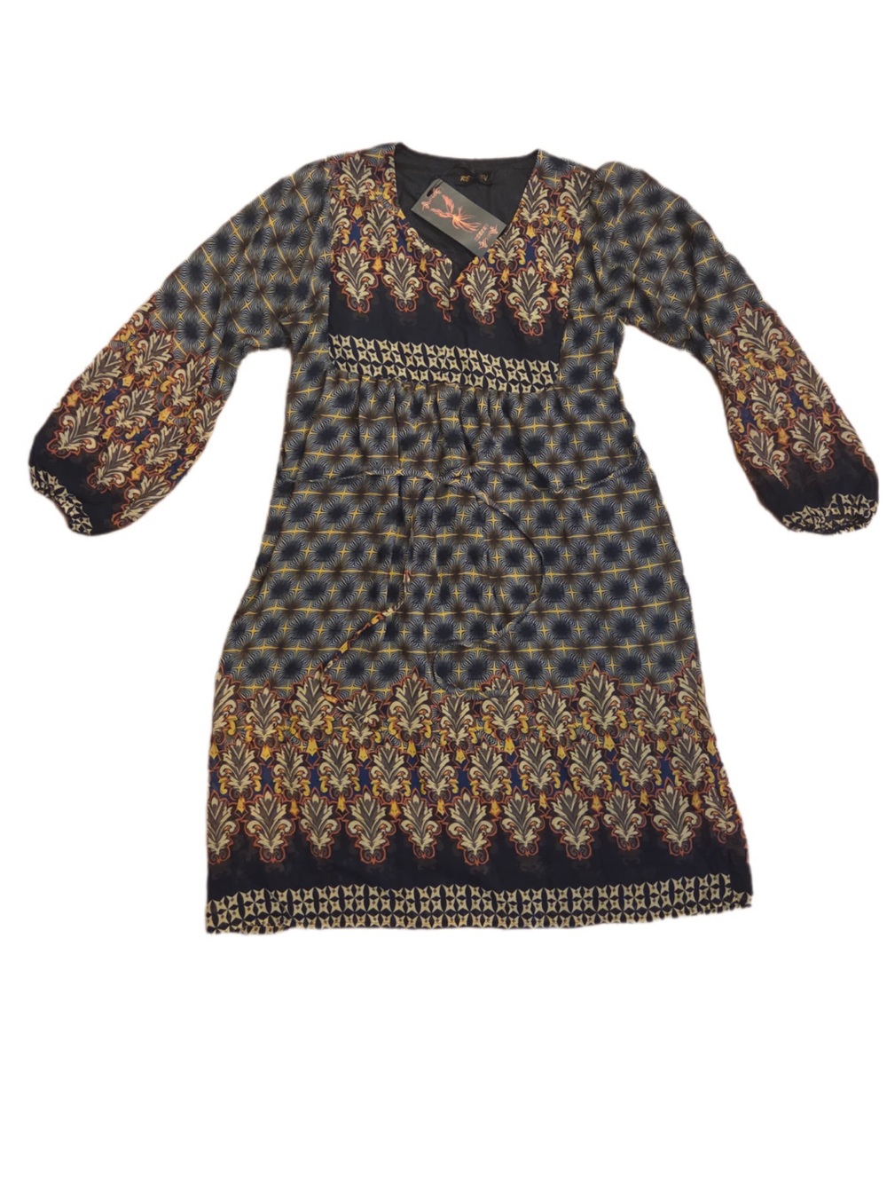 Reborn Black Multi-Patterned Long Sleeve Boho Midi Dress
